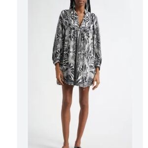 Farm Rio Scarf Print Long Sleeve Linen Blend Minidress Black And White XXS NWT